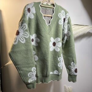 (#63) Green Floral V-Neck Sweater - Women
